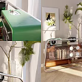 Elegant Ornament Decor Set With Vintage Radio Metal Trolley Green Leather Box And Potted Plant