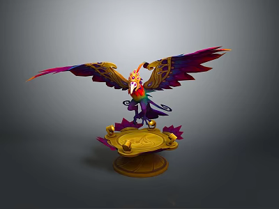 Detailed 3D Model of Colorful Flying Bird with Spread Wings and Golden Pedestal 3d model