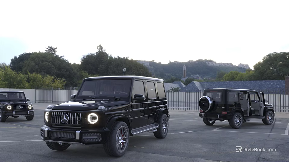 Two Black SUV Cars With Front Grille Round Headlights In Outdoor Parking Lot 3d model 