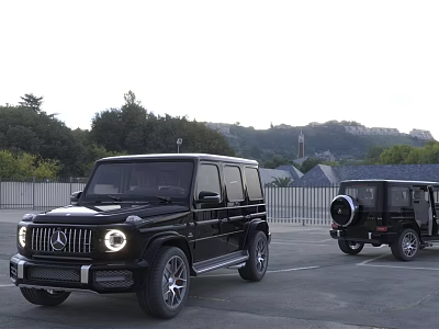Two Black SUV Cars With Front Grille Round Headlights In Outdoor Parking Lot 3d model