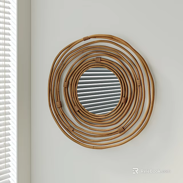 Round Rattan Mirror Design Mounted on White Wall with Window Blinds Reflection 3d model 