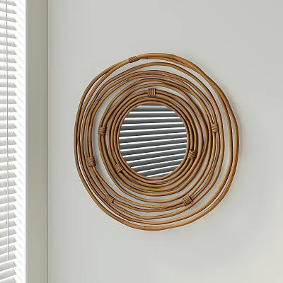 Round Rattan Mirror Design Mounted on White Wall with Window Blinds Reflection 3d model