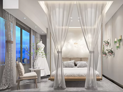 Hotel Guest Room With Four Poster Canopy Bed Decorative Headboard And Window Night View 3d model