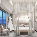 Hotel Guest Room With Four Poster Canopy Bed Decorative Headboard And Window Night View