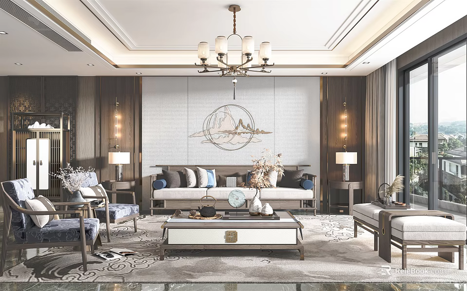 Chinese Style Living Room Interior With Chandelier Circular Mountain Wall Decor Sofa And Coffee Table 3d model 
