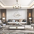 Chinese Style Living Room Interior With Chandelier Circular Mountain Wall Decor Sofa And Coffee Table