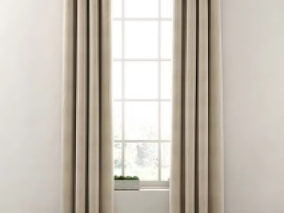 Soft Beige Velvet Curtains For Modern Window With Natural Light And White Frame 3d model