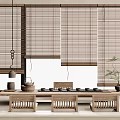 Minimalist Wooden Tea Table and Chairs with Bamboo Blinds Teaware and Potted Plant