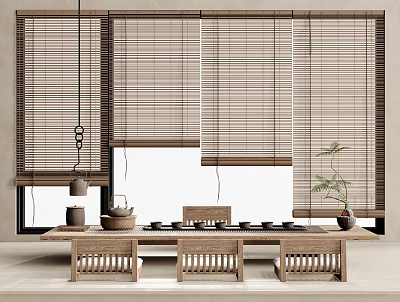 Minimalist Wooden Tea Table and Chairs with Bamboo Blinds Teaware and Potted Plant 3d model
