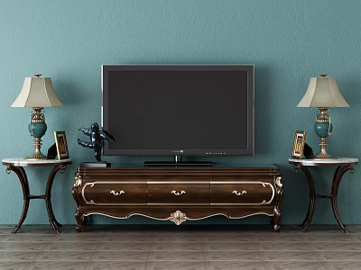 Ornate Dark Brown TV Stand With Gold Accents And Side Tables With Lamps Against Teal Wall 3d model
