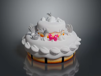 Two Layer White Frosting Cake With Pink Bow And Decorative Striped Golden Base 3d model