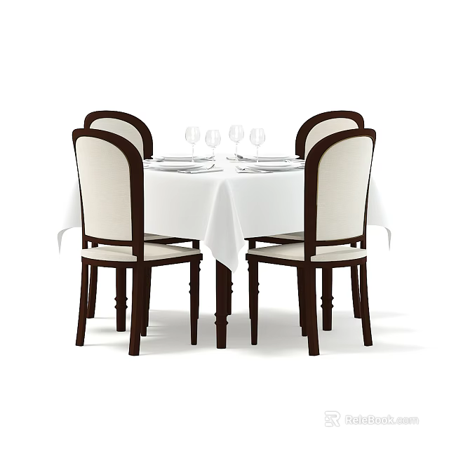 Elegant Dining Table Set With Four Chairs White Tablecloth Tableware And Wine Glasses 3d model
