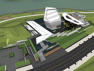 Modern Sales Office Building With Unique Geometric Roof And Landscaped Surroundings 3d model