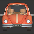 Orange Cartoon Style Beetle Car with White Stripe Yellow Seats on Black Background with Reflection