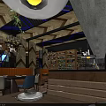 Modern Restaurant Interior Design With Wooden Ceiling Blue Accents Large Screens And Decorative Plants