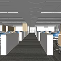 Modern Public Office Space With Organized Workstations Computers Office Chairs And Ceiling Lighting 3d model