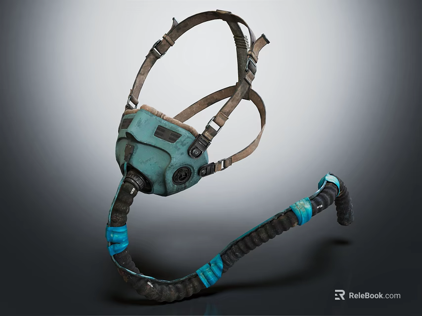 Vintage Industrial Gas Mask With Teal Filters Brown Straps And Flexible Hose 3d model 