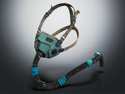 Vintage Industrial Gas Mask With Teal Filters Brown Straps And Flexible Hose 3d model