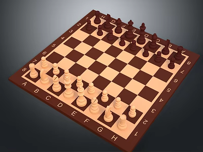 Classic Chessboard With Brown And White Squares Alphabet Number Markings And Black White Chess Pieces 3d model