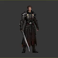 Man In Dark Medieval Armor Holding Sword With Intricate Shoulder Plates And Cape