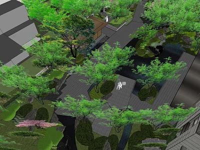 Garden Landscape Design With Lush Green Trees Wooden Pathways Pond And Rock Formations 3d model