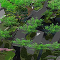 Garden Landscape Design With Lush Green Trees Wooden Pathways Pond And Rock Formations
