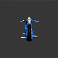 Blue Motorcycle with Glowing Wheels Gold Accents Sleek Design on Gray Background and Reflective Surface