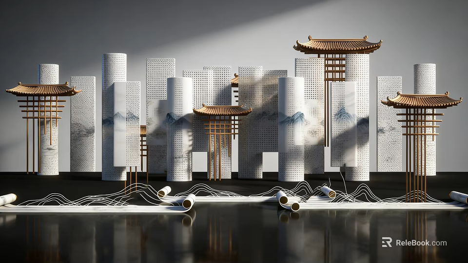 Traditional Chinese Interactive Zone With Scrolls Mountain Patterns Screens And Pavilions 3d model 