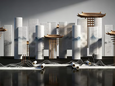 Traditional Chinese Interactive Zone With Scrolls Mountain Patterns Screens And Pavilions 3d model