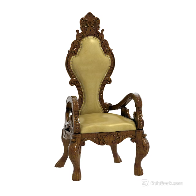 Ornate Vintage Leisure Chair With Carved Wooden Frame And Beige Leather Seat 3d model 