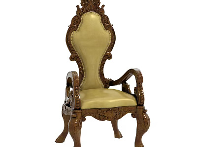 Ornate Vintage Leisure Chair With Carved Wooden Frame And Beige Leather Seat 3d model