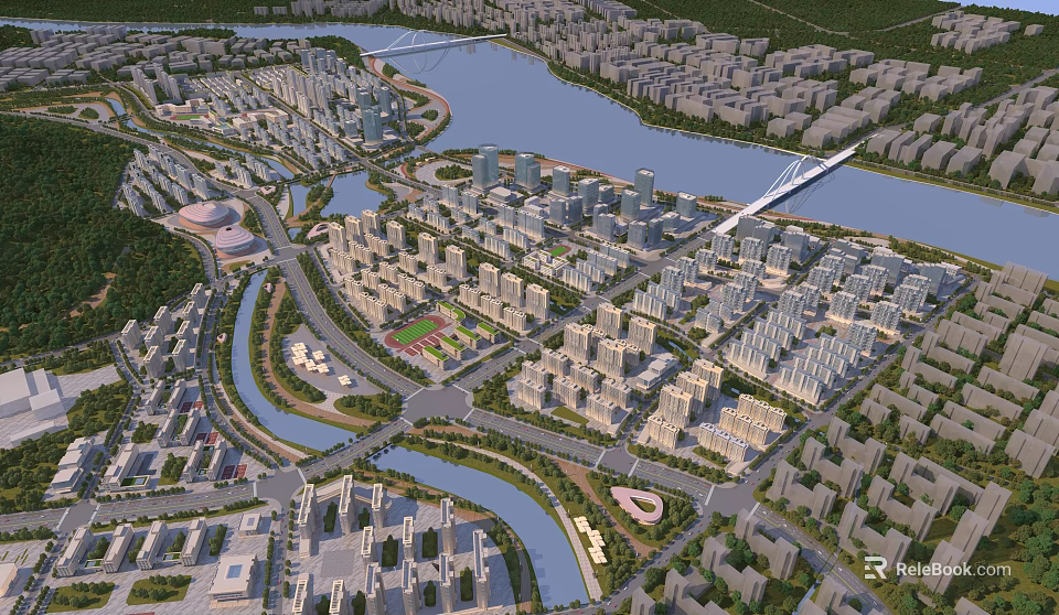 Aerial View Urban Planning Layout With River Roads Bridges And High Rise Buildings 3d model 