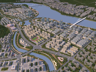 Aerial View Urban Planning Layout With River Roads Bridges And High Rise Buildings 3d model