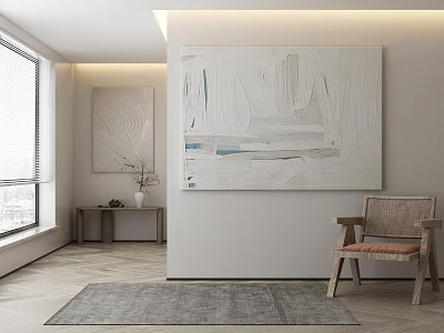 Modern Interior Space With Abstract Art Accent Chair Area Rug And Window 3d model