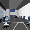 Modern Conference Room With White Meeting Table Blue Office Chairs Large Screen TV And Blinds