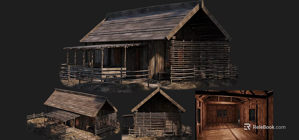 Traditional Ancient Wooden Building With Sloped Roof Porch Wooden Fence And Interior Details 3d model 
