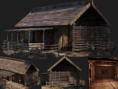 Traditional Ancient Wooden Building With Sloped Roof Porch Wooden Fence And Interior Details 3d model