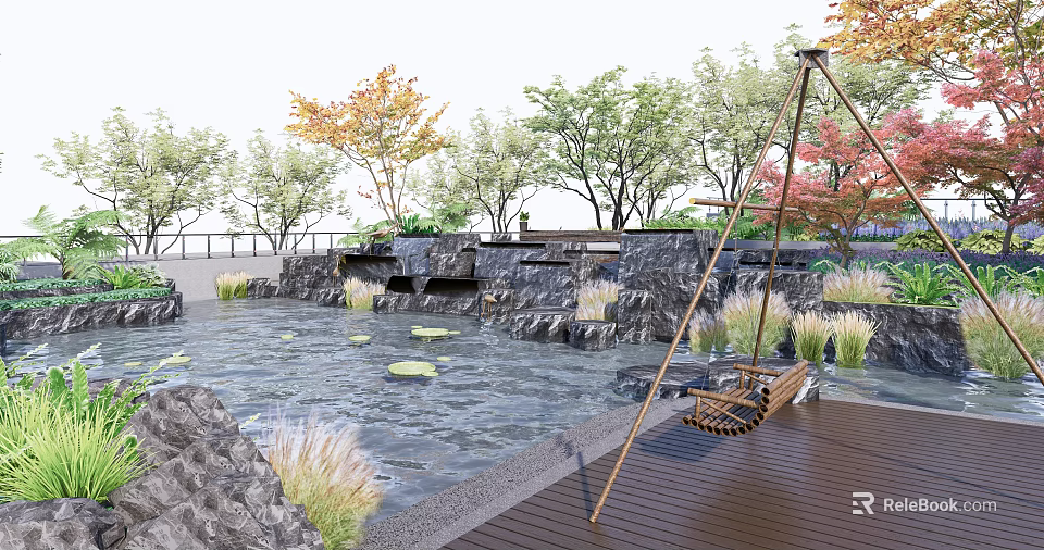 Tranquil Garden Landscape With Pond Water Lilies Stone Features Trees And Wooden Swing 3d model 