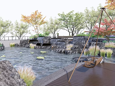 Tranquil Garden Landscape With Pond Water Lilies Stone Features Trees And Wooden Swing 3d model