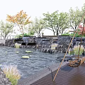 Tranquil Garden Landscape With Pond Water Lilies Stone Features Trees And Wooden Swing