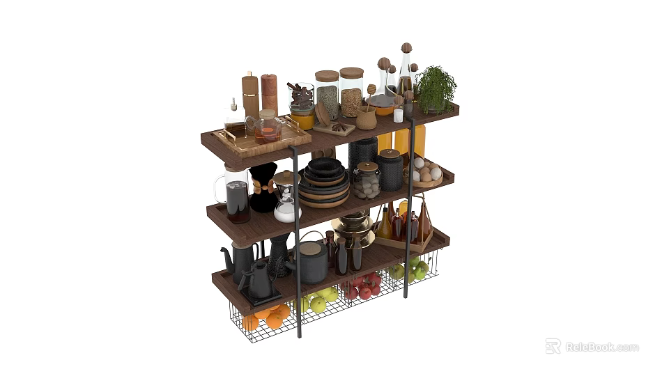 Organized Kitchenware Storage Shelf With Spice Jars Dishes Pots And Fresh Fruits Vegetables 3d model 
