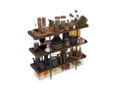 Organized Kitchenware Storage Shelf With Spice Jars Dishes Pots And Fresh Fruits Vegetables 3d model
