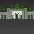 Ornate Stage With Green Domes Geometric Patterns Arched Doorways And Reflective Water Surface At Night