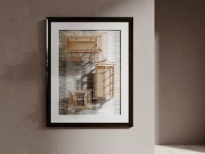 Stylish Wall Decor Artwork With Black Frame And Woven Wooden Structures On Gray Wall 3d model
