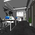 Modern Public Office Space With Desks Computers Wall Decor And Potted Plants 3d model