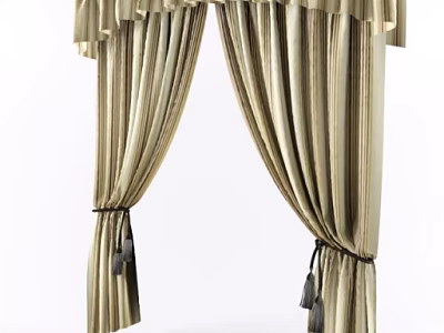 Elegant Pleated Golden Silk Curtains With Valance And Black Tassel Tiebacks 3d model