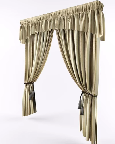 Elegant Pleated Golden Silk Curtains With Valance And Black Tassel Tiebacks 3d model