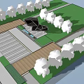 Urban Square Landscape with Wooden Decking Green Lawn and Modern Sculptural Structure