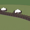 Scenic Wooden Boardwalk with Railings Through Sunflower Field Near Mountains and White Tents