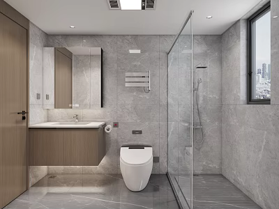 Modern Sleek Bathroom With Gray Marble Tiles Smart Toilet Wood Vanity And Glass Shower Enclosure 3d model